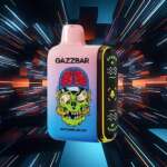 GAZZBAR Rocket vape met een kleurrijk schedelontwerp en de smaak Watermelon Ice weergegeven tegen een dynamische futuristische achtergrond