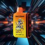 GAZZBAR Rocket vape met een oranje behuizing en cartoonachtige octopusillustratie smaak White Gummy Ice tegen een futuristische achtergrond met lichtstralen