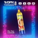 VOPK Tornado vape met Blue Razz Lemonade smaak kleurrijk vormgegeven in blauw en geel met een cartoonfiguur weergegeven tegen een neon achtergrond